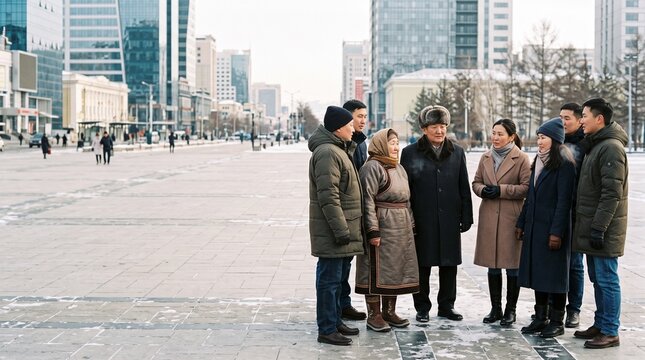 Group of Mongolian people in winter coats and traditional clothes standing together in modern city plaza