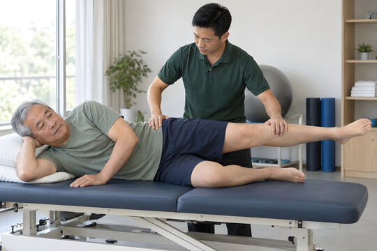 Therapist assessing side lying hip abduction in an older Asian man