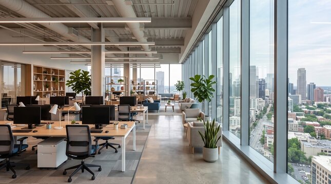 Modern open plan office interior with wooden desks, potted plants, and panoramic city view windows