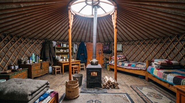 Interior view of traditional Mongolian yurt ger with central wood stove, beds, and rustic wooden furniture