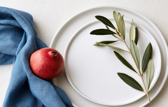 Festive Israeli holiday table setting with pomegranate and olive branch