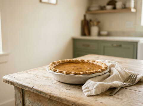 Homemade pumpkin pie in a ceramic dish on a rustic wooden table with linen cloth and fork in a warm farmhouse kitchen, evoking autumn baking and Thanksgiving traditions.