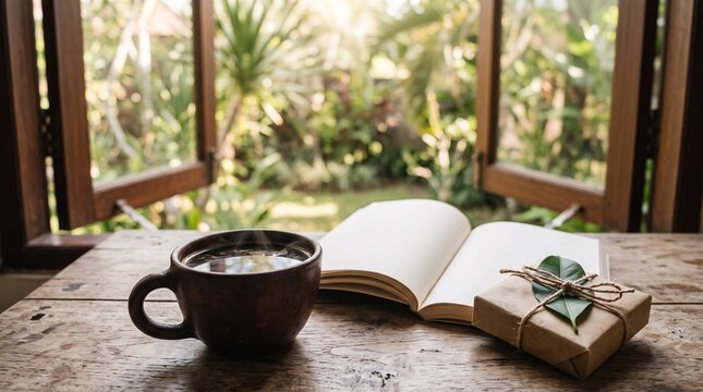Hot coffee cup, open book, and wrapped gift box on wooden table by open window in garden view