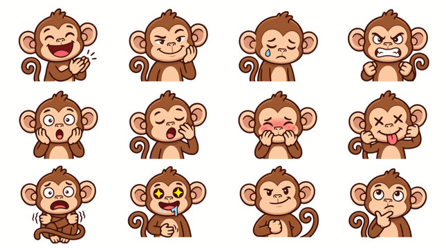 Funny monkey character vector sticker set featuring various emotional expressions for social media messaging and chat.