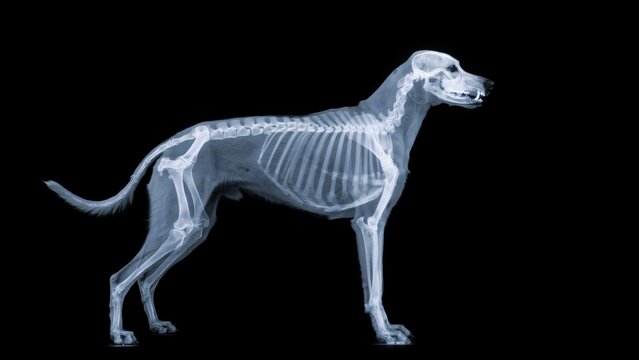 Radiograph X-ray illustration of dog skeleton anatomy, full body canine skeletal structure on black background