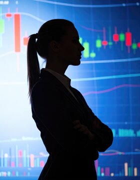 Silhouette of young businesswoman on charts background. Data science concept 