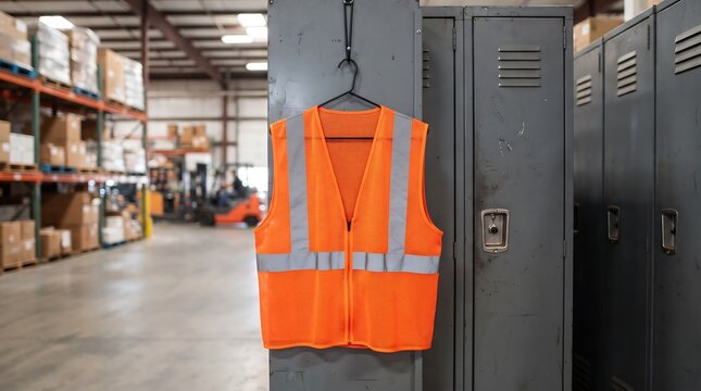 A bright orange highvisibility safety vest with reflective silver strips hangs on a clothes hanger attached to metal lockers in a warehouse environment