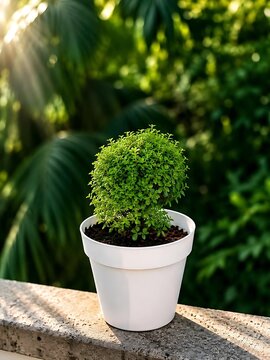 A small decorative green ballshaped shrub planted in a clean white ceramic pot sitting on a stone ledge in a garden