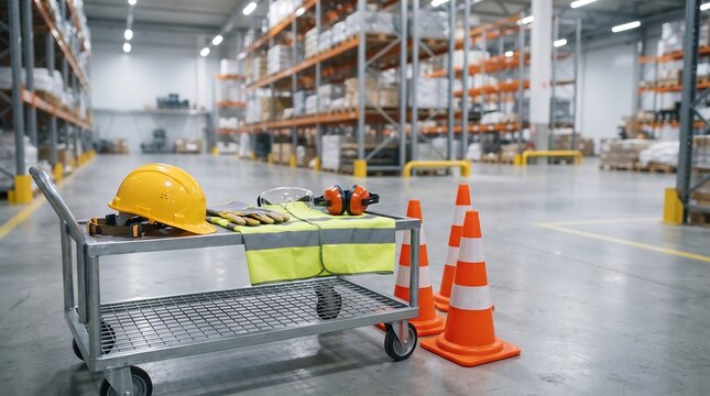 A metal cart loaded with safety equipment including a yellow hard hat reflective vest protective goggles and earmuffs sitting in a large modern warehouse distribution center
