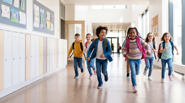 Happy children running down school hallway