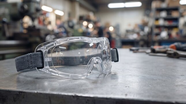 Clear safety goggles with an adjustable elastic strap resting on a dirty industrial metal workbench inside a manufacturing machine workshop environment