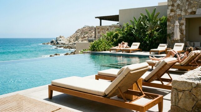 Contemporary graphic visual art showcasing Luxury resort pool with loungers designed for commercial marketing backdrop
