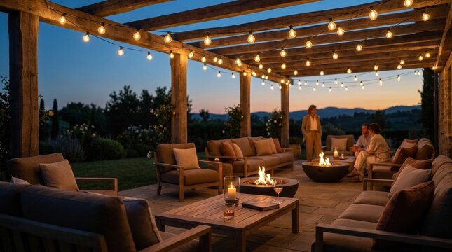 Minimalist optical Outdoor lounge with string lights refracting vivid spectrum light rays across clean studio podium