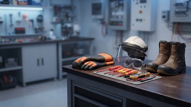 Workplace safety equipment including leather boots protective hard hat gloves goggles and electrical testing tools arranged on a workbench in industrial workshop