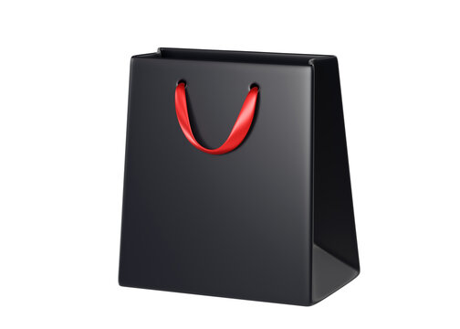Premium black shopping bag with red handles isolated. Glossy icon ideal for fashion, retail branding, gift promotions, Black Friday.
