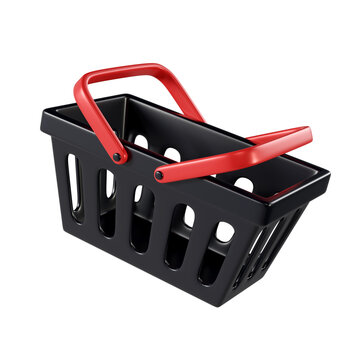 3D Cartoon Black plastic Shopping Basket with Red Handle isolated. Modern retail icon ideal for groceries, ecommerce, Black Friday.
