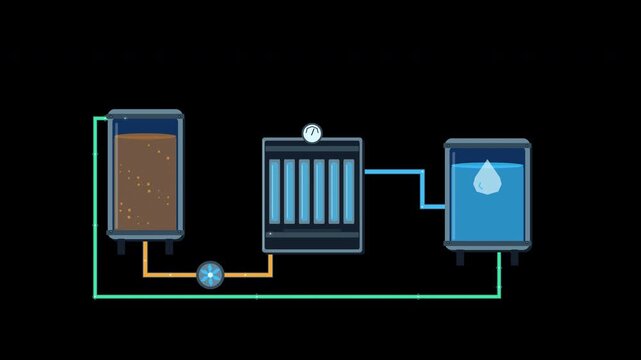 Water reclamation system circulating water through membrane filters and storage tanks on transparent background