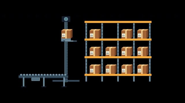 Automated warehouse lift picking a carton from storage racks and delivering it to a conveyor on transparent background
