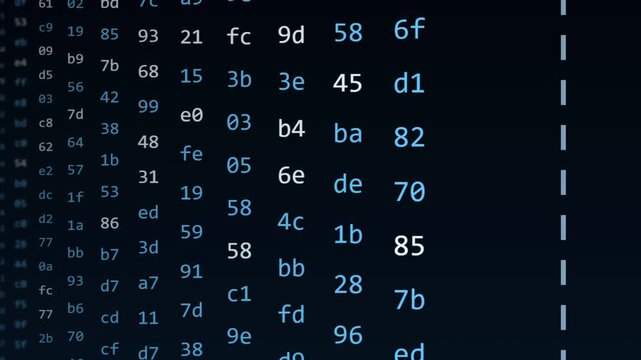 Digital data stream flowing across dark computer screen with glowing blue hex codes and numeric characters
