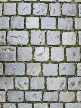 Cobblestone path with green moss growing in the stone joints