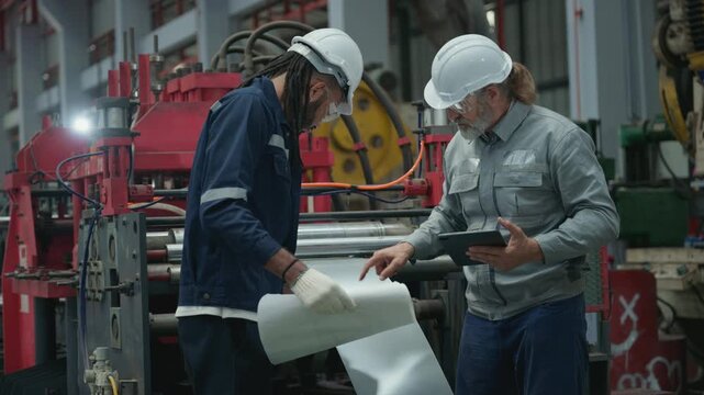 Senior engineer inspecting metal sheet for rolling machine output in plant while instructing coworker.