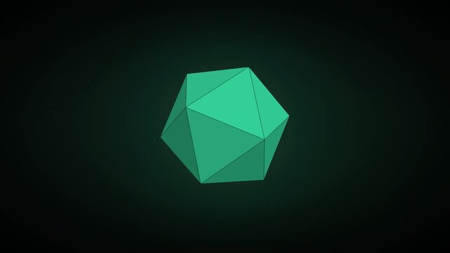 Abstract Green 3D Icosahedron Geometric Shape Isolated on Dark Black Background for Science and Mathematics Design