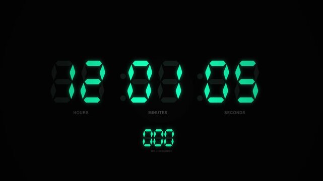 Glowing cyan digital clock interface displaying hours minutes and seconds