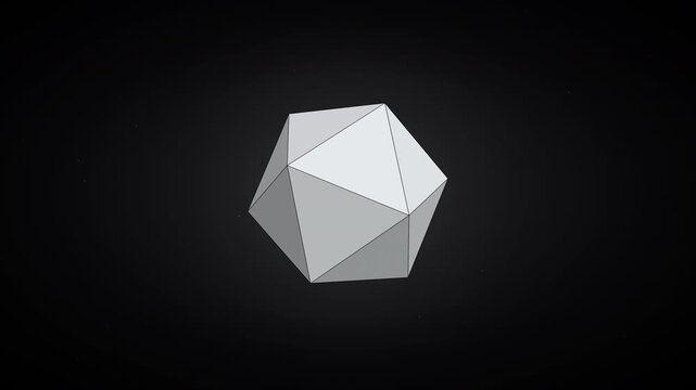 Three dimensional white icosahedron geometric shape with sharp facets isolated on a dark minimalist background for modern abstract design