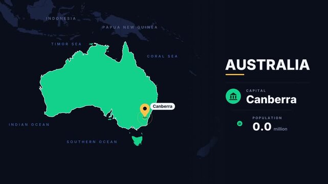 Animated Australia map. Animated world map zooms into highlighted country border shape of Australia. Infographic national capital population and total area metrics. Motion design.