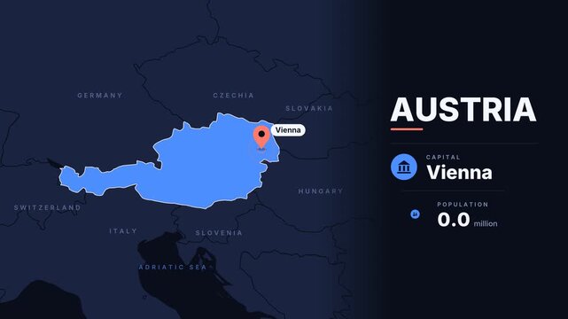 Animated Austria map. Animated world map zooms into highlighted country border shape of Austria. Infographic national capital population and total area metrics. Motion design.