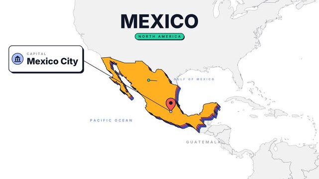 Animated Mexico map. Animated world map zooms into highlighted country border shape of Mexico. Infographic national capital population and total area metrics. Motion design.