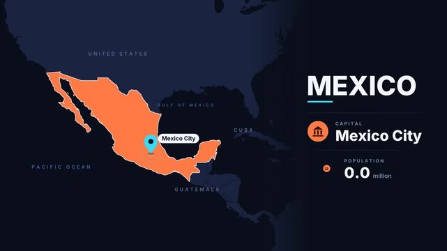 Animated Mexico map. Animated world map zooms into highlighted country border shape of Mexico. Infographic national capital population and total area metrics. Motion design.
