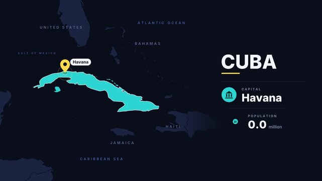 Animated Cuba map. Animated world map zooms into highlighted country border shape of Cuba. Infographic national capital population and total area metrics. Motion design.