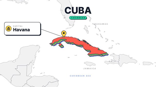 Animated Cuba map. Animated world map zooms into highlighted country border shape of Cuba. Infographic national capital population and total area metrics. Motion design.