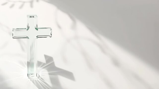 Transparent glass cross casts radiant shadow across sunlit marble surface in soft sunlight