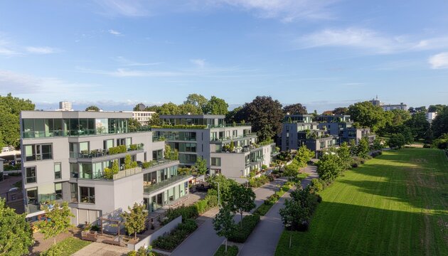 Modern apartment buildings in a green residential area in the city