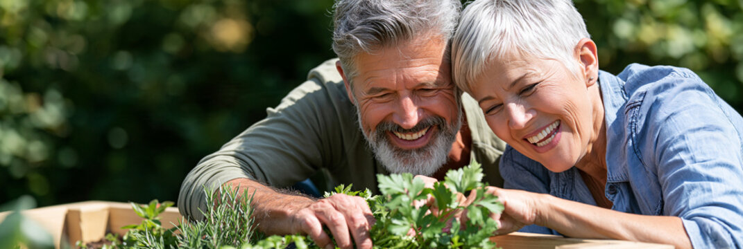 Sunlit garden with happy senior couple. They lean over green plants, smiling warmly. Hands touch foliage, showing care and joy. Perfect for retirement, wellness, or nature themes