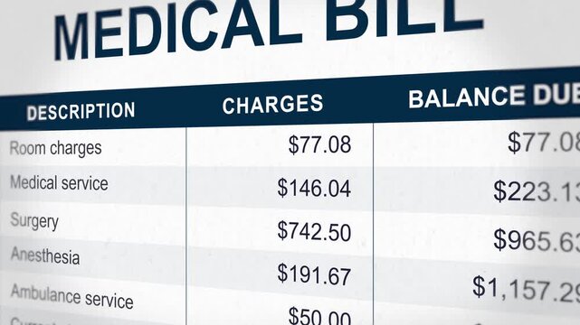 Medical bill close up with room charges and services, surgery, anesthesia, healthcare with running numbers. Medical treatment expenses concept. Hospital invoice, patient billing statement.4k animation