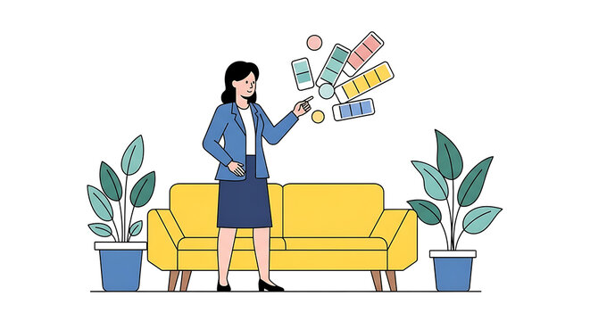 A Female Interior Designer Selecting a Stylish Color Palette for Home Decor in a Modern Living Room Setting