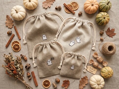 linen trick or treat drawstring bags flatlay
