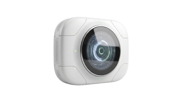 Modern white 360 degree action camera isolated on background, compact panoramic digital video recording device, sleek technology product mockup