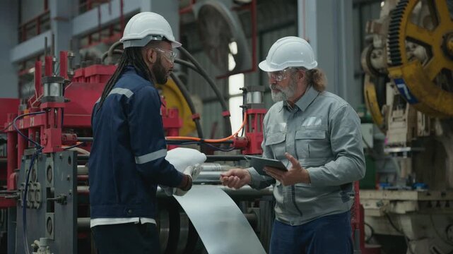 Senior engineer inspecting metal sheet for rolling machine output in plant while instructing coworker.