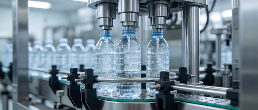 Water bottling machine filling plastic bottles