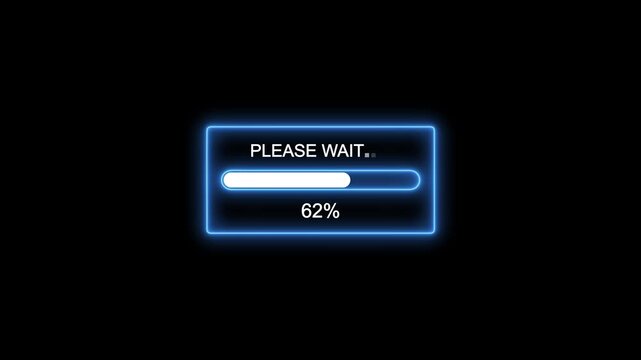 Neon blue please wait progress bar loading animation with percentage counter for digital interface and software ui