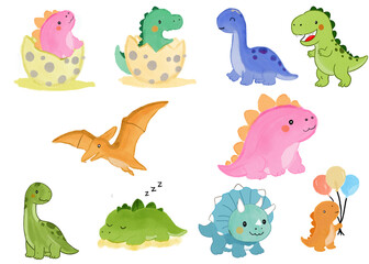 Cute Baby Dinosaurs Cartoon Set with Stegosaurus Triceratops and Pterodactyl  © shahadatarman 0