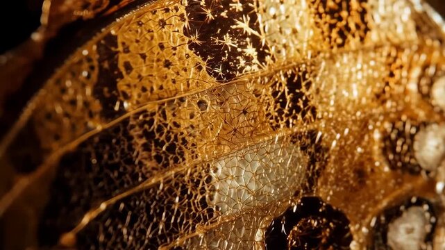Golden Dragonfly Wing Macro Detail Reveals Intricate Lace Veins and Shimmering Insect Scales