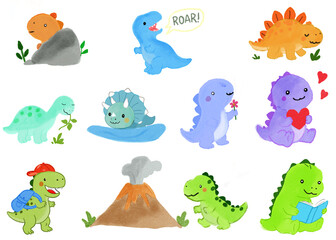 Cute Cartoon Dinosaurs Clipart Set With Baby Trex Stegosaurus Triceratops And Volcano © shahadatarman 0