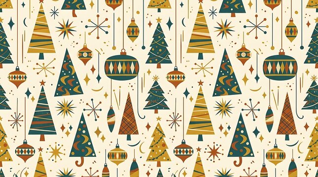 Midcentury modern christmas pattern with retro trees and ornaments