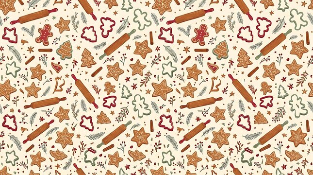 Seamless christmas pattern with gingerbread cookies, rolling pins and festive decorations