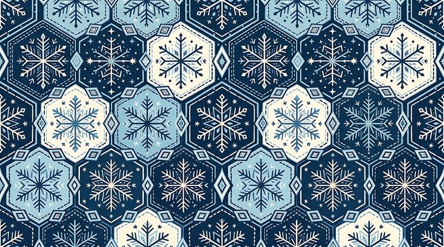 Seamless pattern with snowflakes in a hexagonal grid, winter holiday background in blue and white
